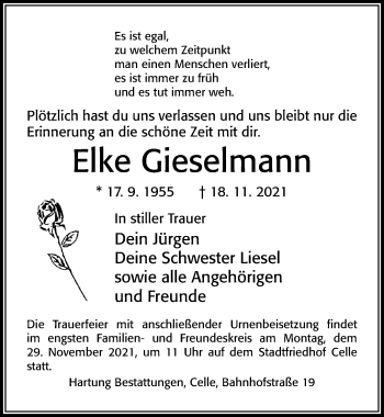 Traueranzeige von Elke Gieselmann von Cellesche Zeitung