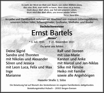 Traueranzeige von Ernst Bartels von Cellesche Zeitung