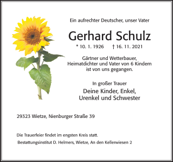 Traueranzeige von Gerhard Schulz von Cellesche Zeitung
