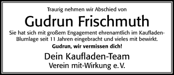 Traueranzeige von Gudrun Frischmuth von Cellesche Zeitung