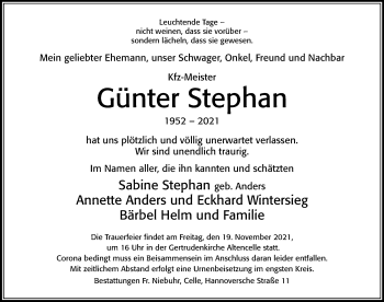 Traueranzeige von Günter Stephan von Cellesche Zeitung