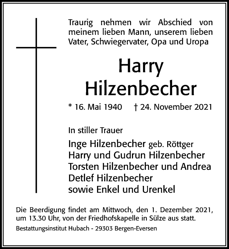  Traueranzeige für Harry Hilzenbecher vom 27.11.2021 aus Cellesche Zeitung