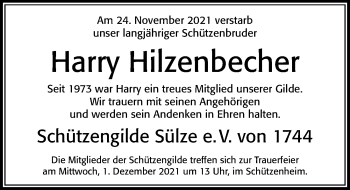 Traueranzeige von Harry Hilzenbecher von Cellesche Zeitung