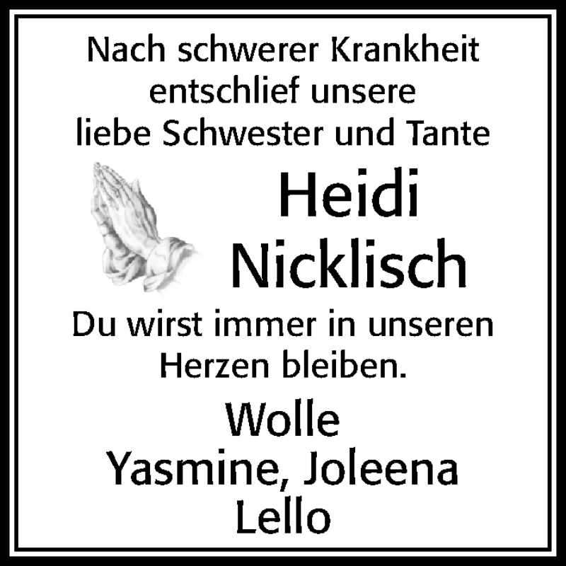  Traueranzeige für Heidi Nicklisch vom 25.11.2021 aus Cellesche Zeitung