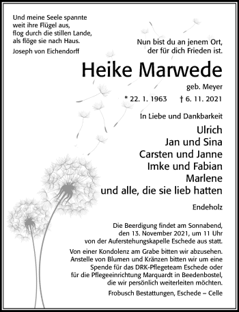 Traueranzeige von Heike Marwede von Cellesche Zeitung