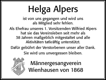 Traueranzeige von Helga Alpers von Cellesche Zeitung