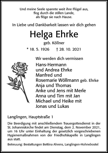 Traueranzeige von Helga Ehrke von Cellesche Zeitung