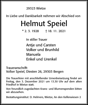 Traueranzeige von Helmut Speiel von Cellesche Zeitung
