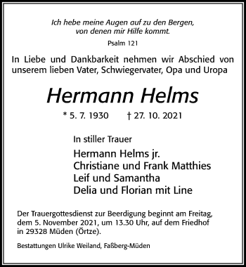 Traueranzeige von Hermann Helms von Cellesche Zeitung