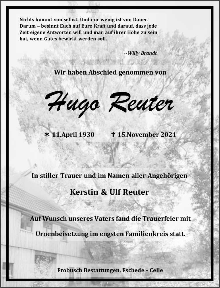  Traueranzeige für Hugo Reuter vom 27.11.2021 aus Cellesche Zeitung