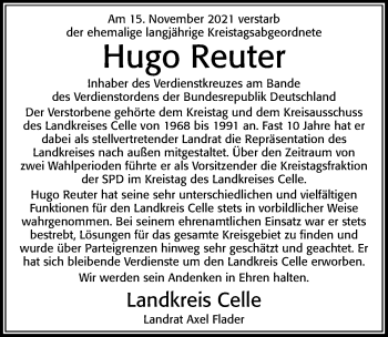 Traueranzeige von Hugo Reuter von Cellesche Zeitung