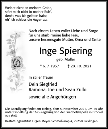 Traueranzeige von Inge Spiering von Cellesche Zeitung