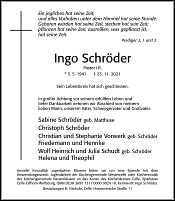 Traueranzeige von Ingo Schröder von Cellesche Zeitung