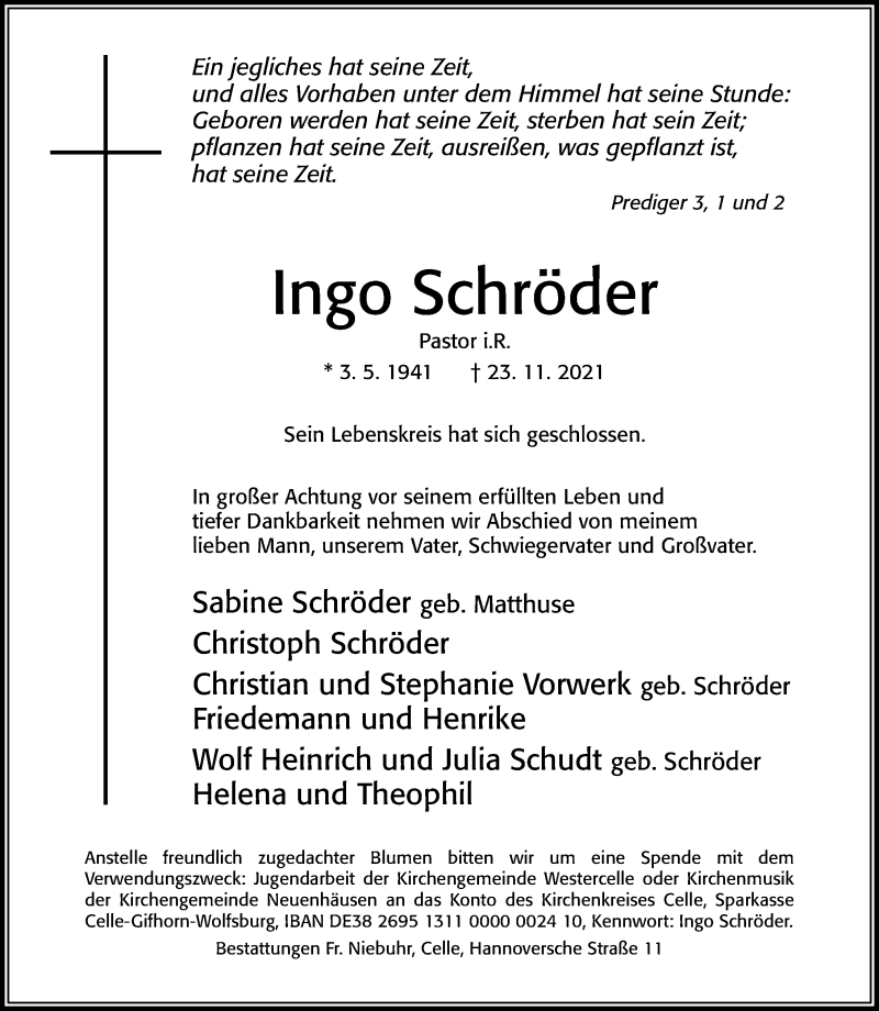  Traueranzeige für Ingo Schröder vom 27.11.2021 aus Cellesche Zeitung