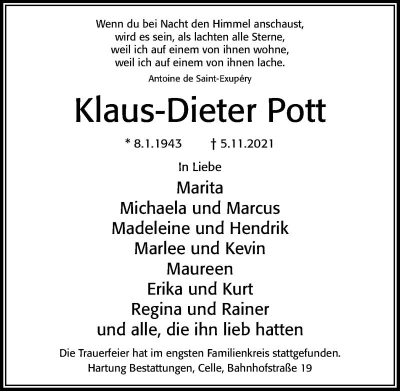  Traueranzeige für Klaus-Dieter Pott vom 13.11.2021 aus Cellesche Zeitung