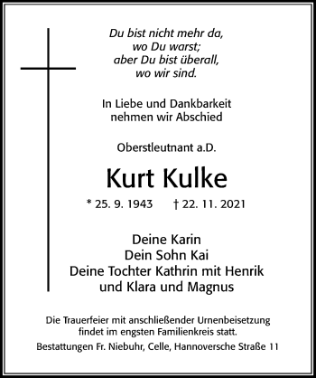 Traueranzeige von Kurt Kulke von Cellesche Zeitung