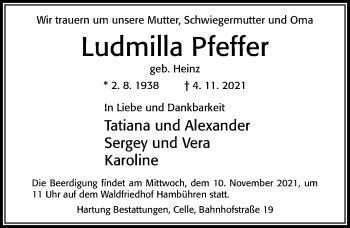 Traueranzeige von Ludmilla Pfeffer von Cellesche Zeitung