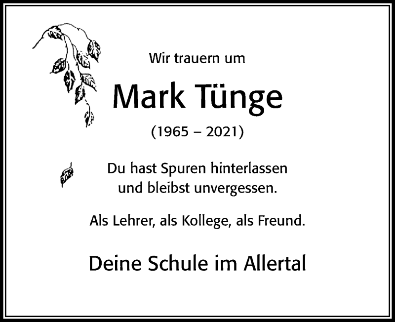 Traueranzeige für Mark Tünge vom 19.11.2021 aus Cellesche Zeitung