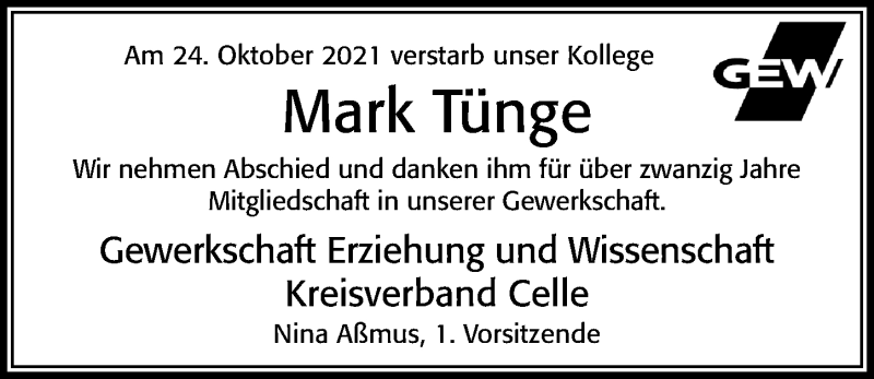  Traueranzeige für Mark Tünge vom 16.11.2021 aus Cellesche Zeitung