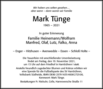 Traueranzeige von Mark Tünge von Cellesche Zeitung