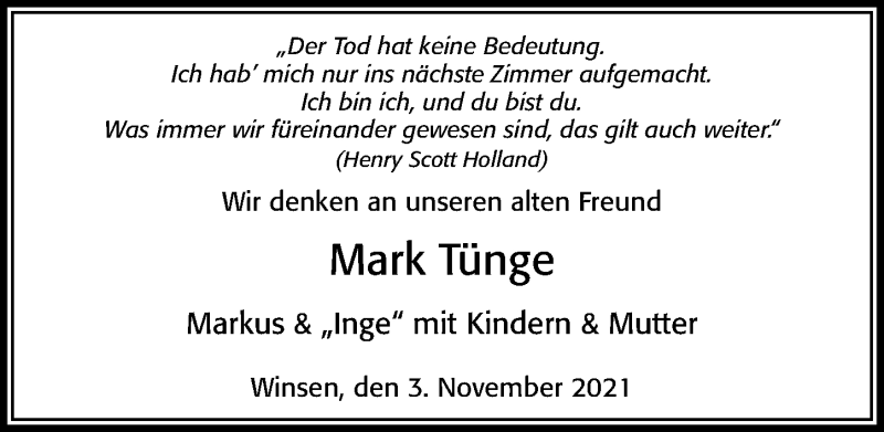  Traueranzeige für Mark Tünge vom 06.11.2021 aus Cellesche Zeitung
