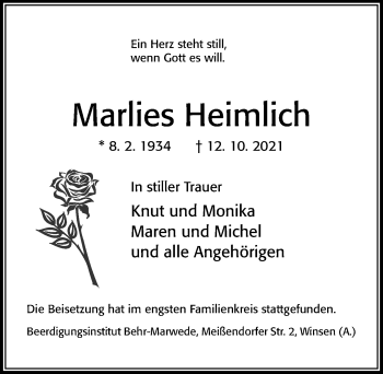 Traueranzeige von Marlies Heimlich von Cellesche Zeitung