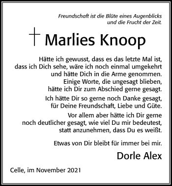 Traueranzeige von Marlies Knoop von Cellesche Zeitung