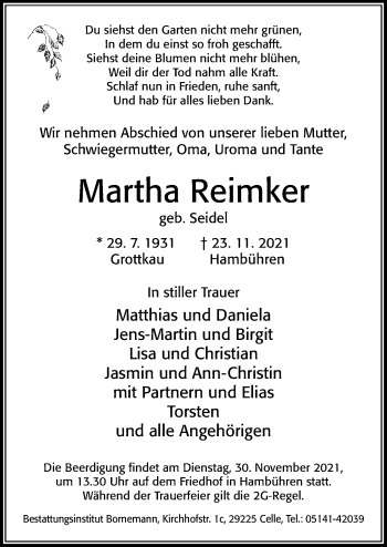 Traueranzeige von Martha Reimker von Cellesche Zeitung