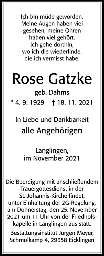 Traueranzeige von Rose Gatzke von Cellesche Zeitung