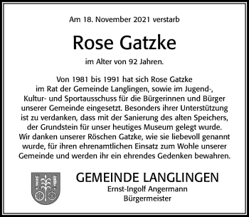 Traueranzeige von Rose Gatzke von Cellesche Zeitung