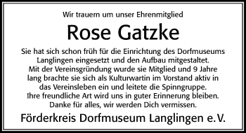 Traueranzeige von Rose Gatzke von Cellesche Zeitung