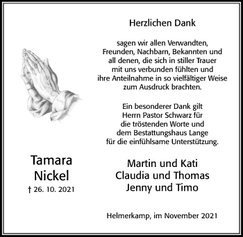 Traueranzeige von Tamara Nickel von Cellesche Zeitung