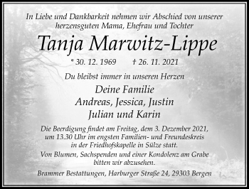 Traueranzeige von Tanja Marwitz-Lippe von Cellesche Zeitung