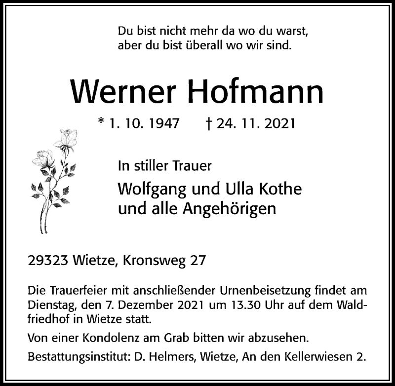  Traueranzeige für Werner Hofmann vom 27.11.2021 aus Cellesche Zeitung