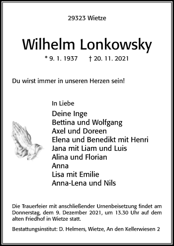 Traueranzeige von Wilhelm Lonkowsky von Cellesche Zeitung