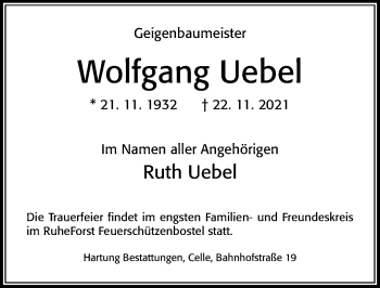 Traueranzeige von Wolfgang Uebel von Cellesche Zeitung