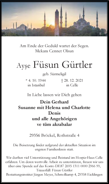 Traueranzeige von Ayse Füsun Gürtler von Cellesche Zeitung