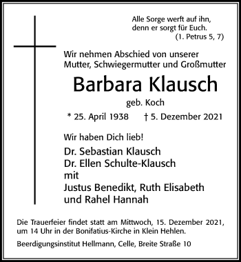 Traueranzeige von Barbara Klausch von Cellesche Zeitung