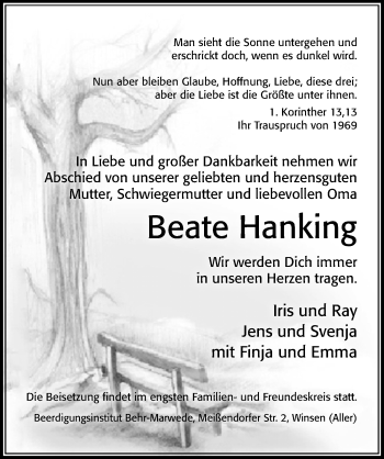 Traueranzeige von Beate Hanking von Cellesche Zeitung