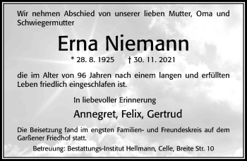 Traueranzeige von Erna Niemann von Cellesche Zeitung