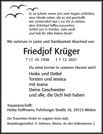 Traueranzeige von Friedjof Krüger von Cellesche Zeitung