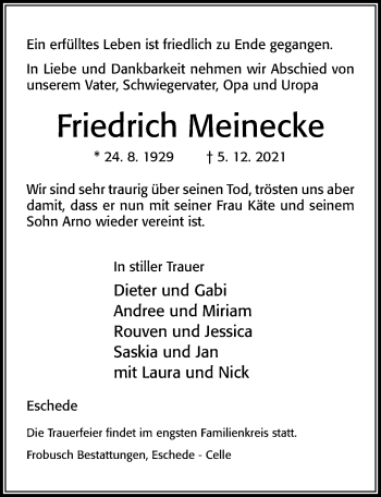 Traueranzeige von Friedrich Meinecke von Cellesche Zeitung