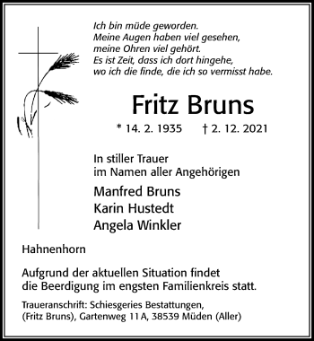 Traueranzeige von Fritz Bruns von Cellesche Zeitung
