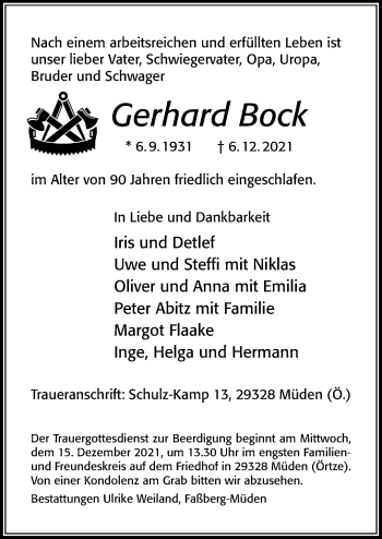 Traueranzeige von Gerhard Bock von Cellesche Zeitung