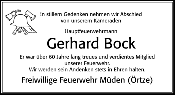 Traueranzeige von Gerhard Bock von Cellesche Zeitung
