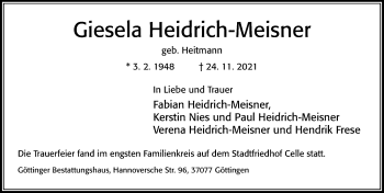 Traueranzeige von Giesela Heidrich-Meisner von Cellesche Zeitung