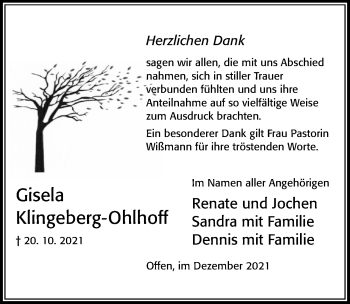 Traueranzeige von Gisela Klingeberg-Ohlhoff von Cellesche Zeitung