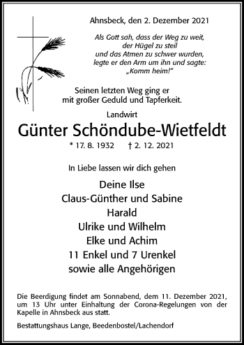 Traueranzeige von Günter Schöndube-Wietfeldt von Cellesche Zeitung