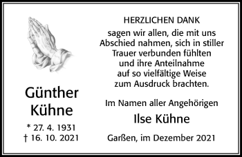 Traueranzeige von Günther Kühne von Cellesche Zeitung