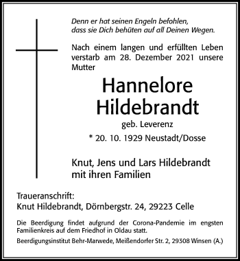 Traueranzeige von Hannelore Hildebrandt von Cellesche Zeitung